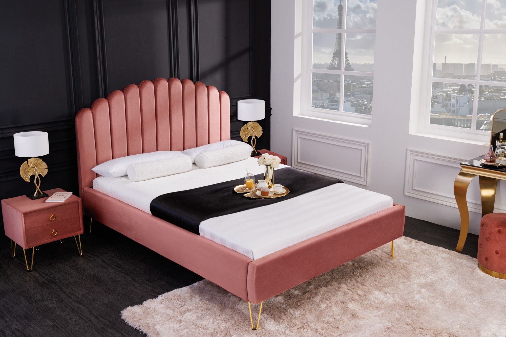 Estila Art deco dizajnová manželská posteľ Bentley s lososovotužovým zamatovým čalúnením 140x200