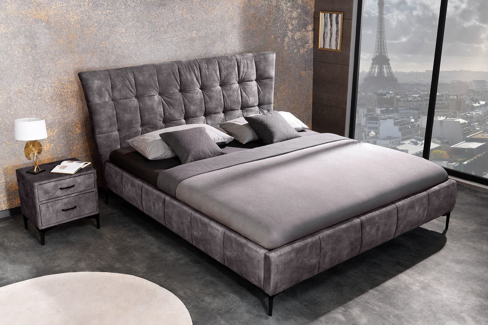 Estila Dizajnová manželská posteľ Velouria so zamatovým čalúnením v štýle Chesterfield tmavosivá 180 cm