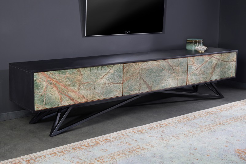 Estila Dizajnový masívny TV stolík Elentia čiernej farby s kamennými dvierkami 200cm