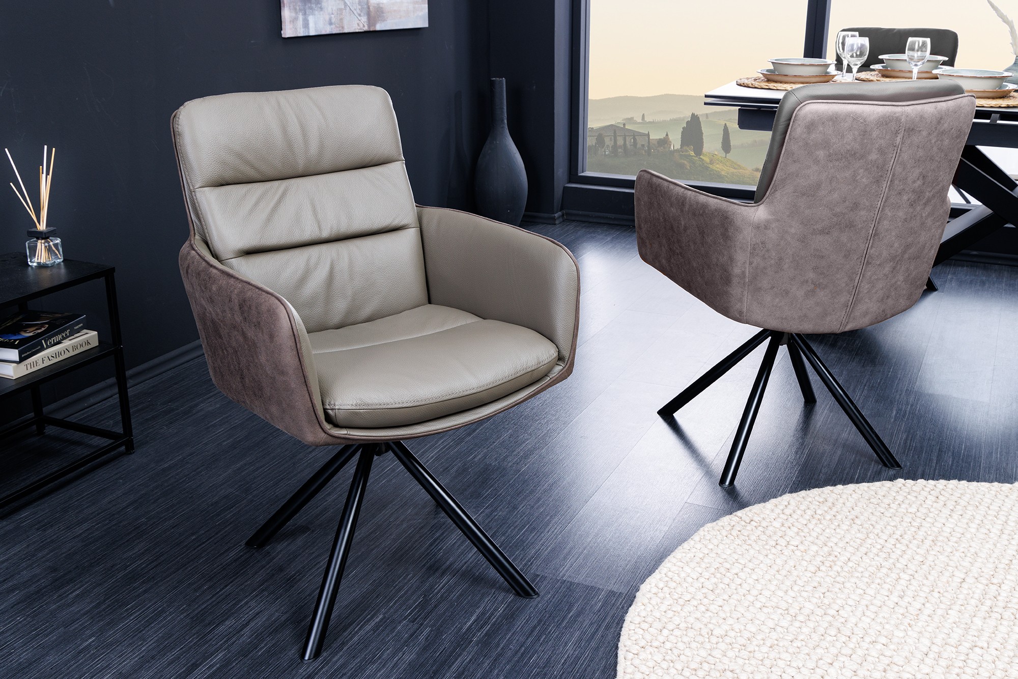 Estila Moderná industriálna otočná kožená stolička Coiro s kovovými nožičkami sivá taupe farba 90 cm