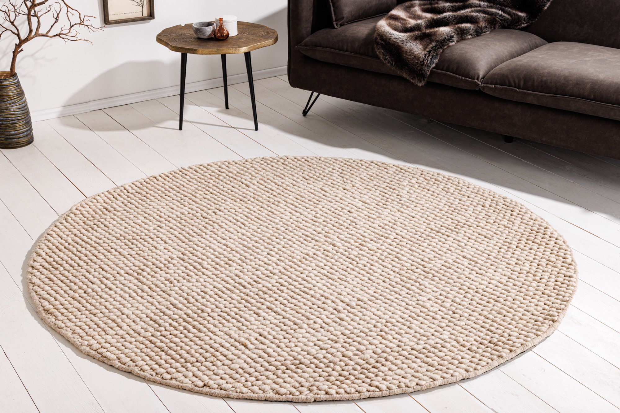 Estila Dizajnový ručne tkaný okrúhly koberec Ola Natura s vlnou béžová 150 cm