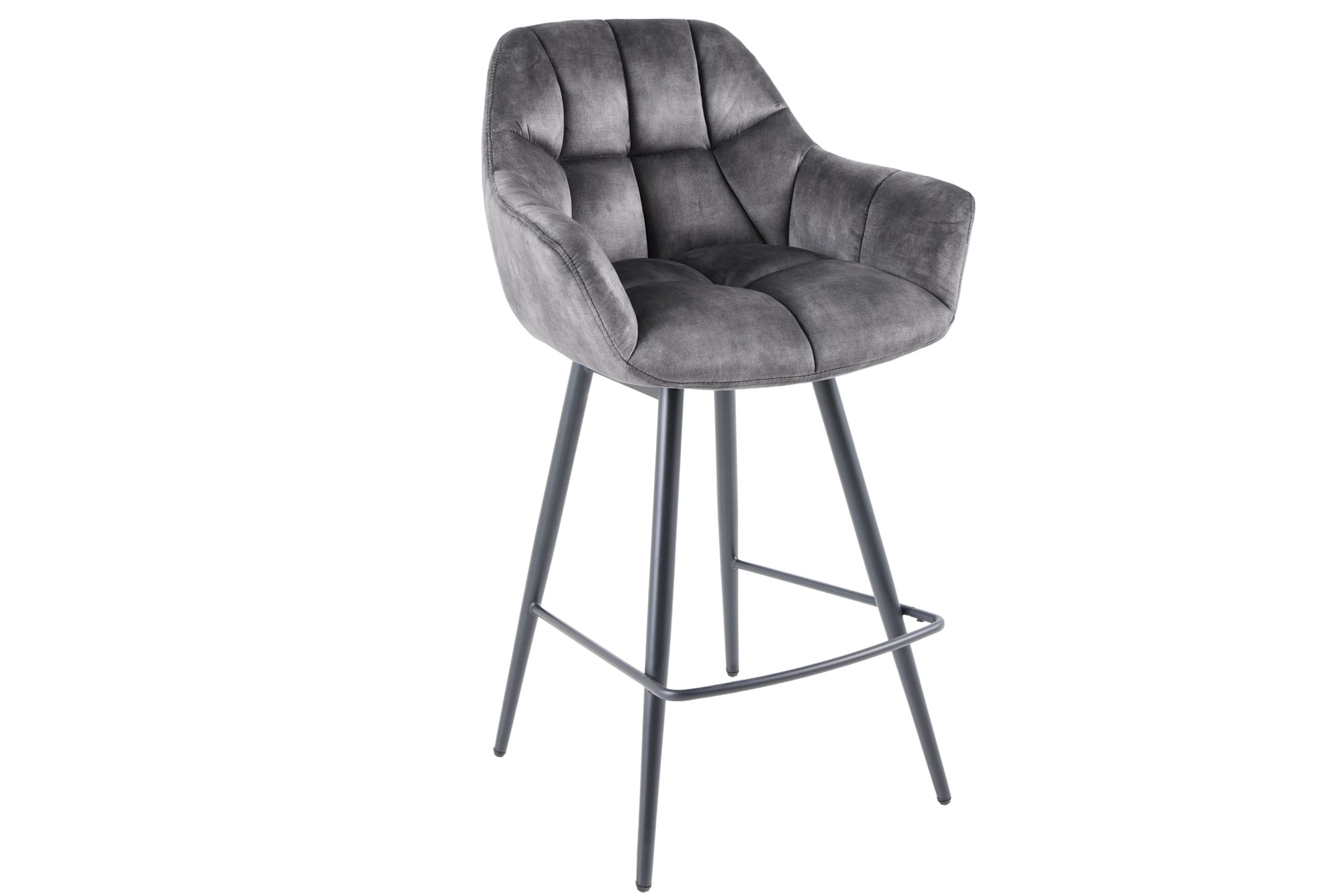 Estila Dizajnová industriálna otočná barová stolička Mariposa s prešívaným zamatovým poťahom a kovovými nožičkami sivá 106 cm