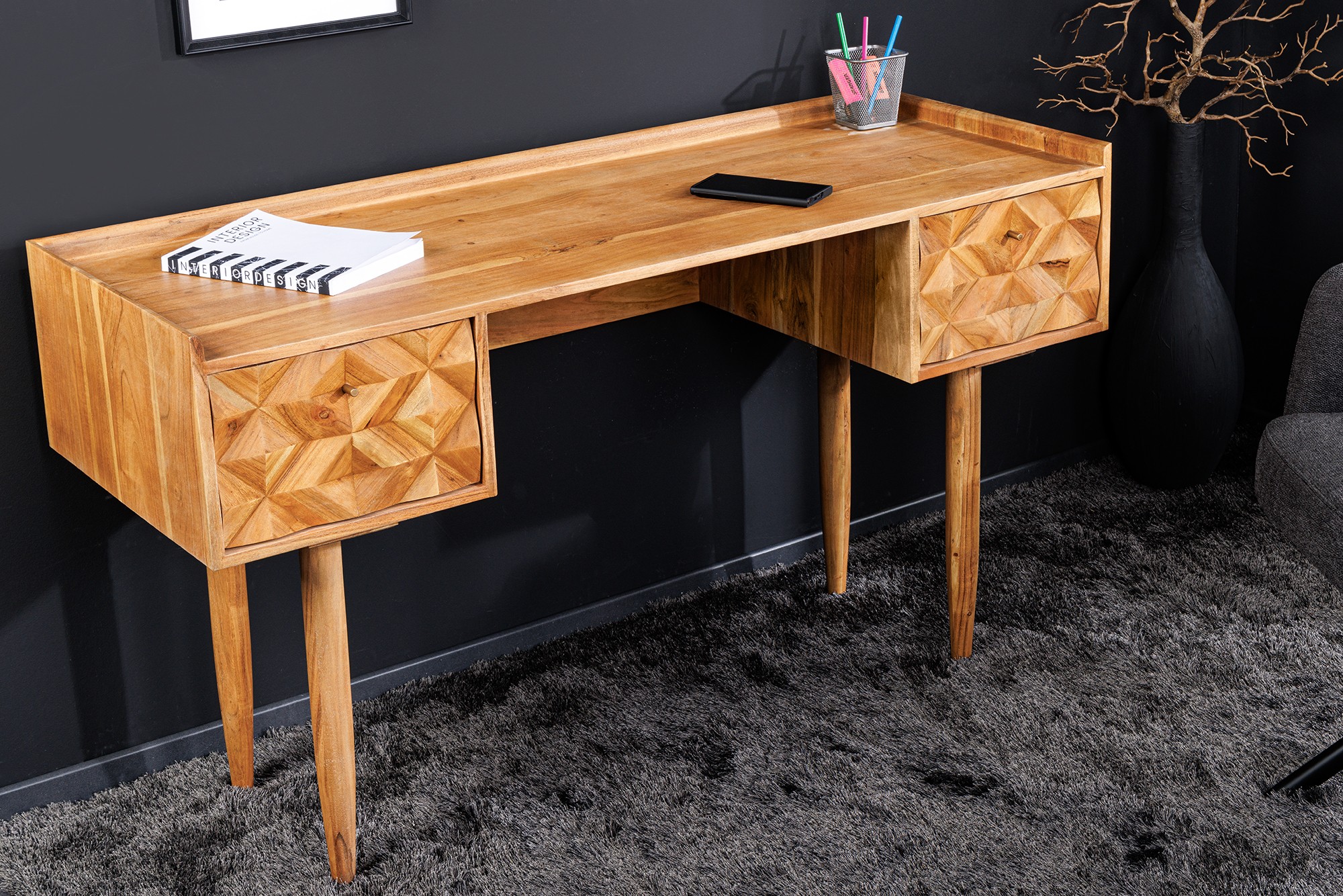 Estila Masívny retro písací stôl Camille s dvomi zásuvkami s ozdobnou intarziou z akáciového dreva medová hnedá 132 cm