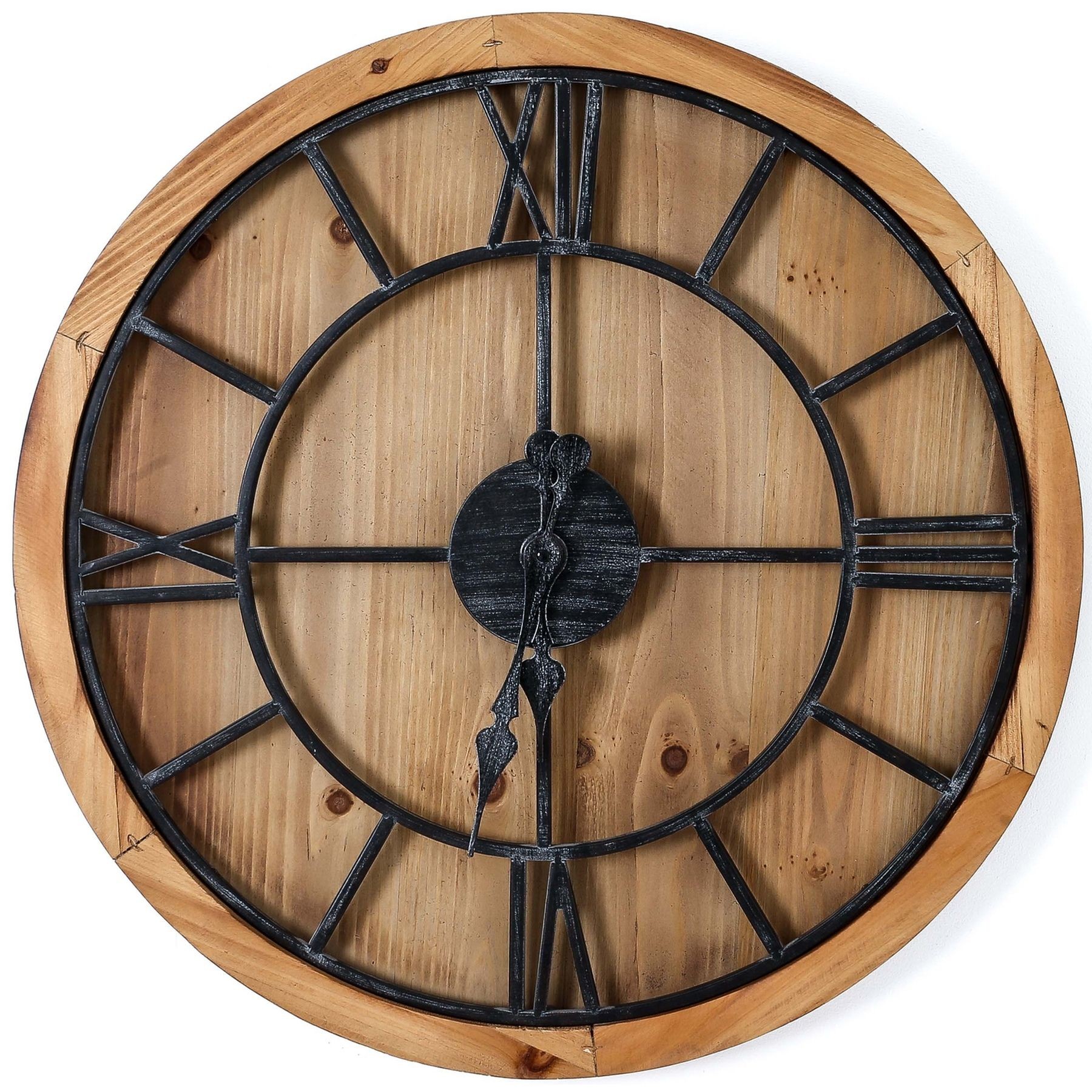 Estila Industriálne štýlové okrúhle nástenné hodiny Kingscross na masívnej drevenej doske 60cm
