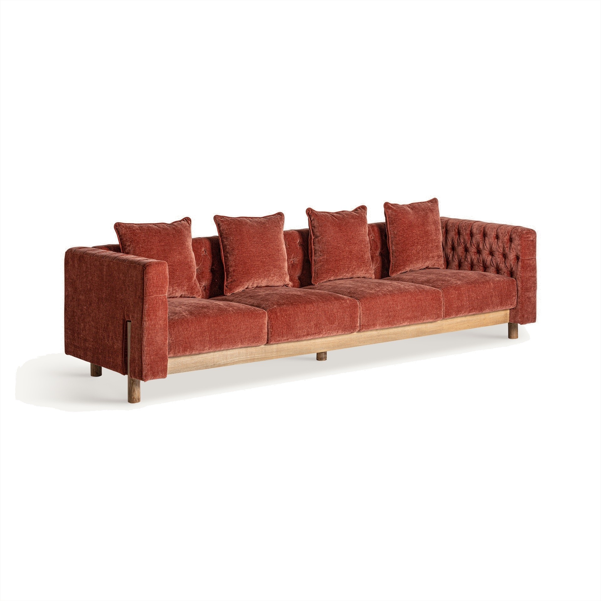 Estila Luxusná čalúnená štvormiestna sedačka Lenny s prešívaním v tehlovo červenej farbe s drevenými nožičkami v art deco štýle 267 cm
