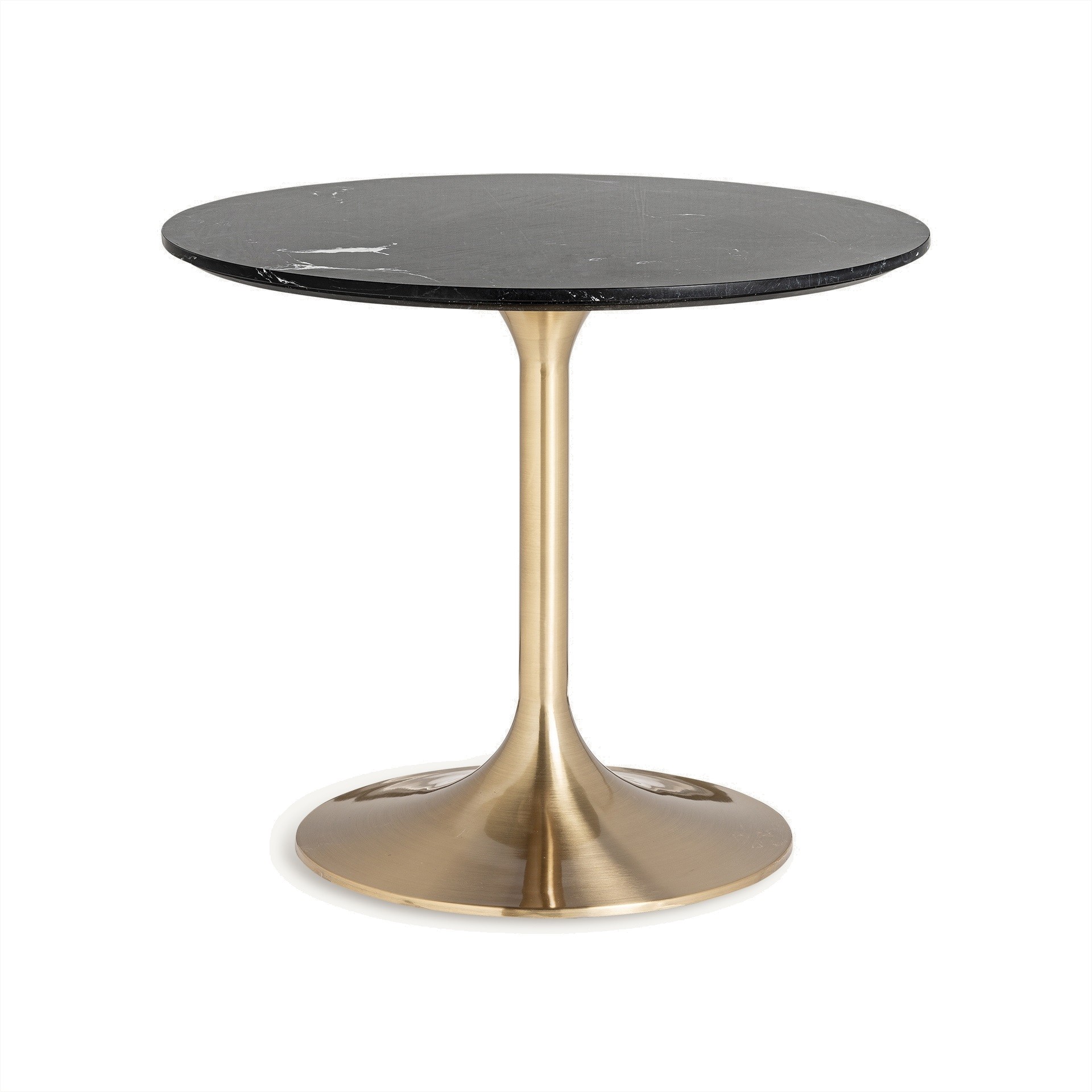 Estila Luxusný art deco okrúhly jedálenský stôl Brilon s čiernou vrchnou doskou s mramorovým dizajnom a zlatou nohou 90 cm