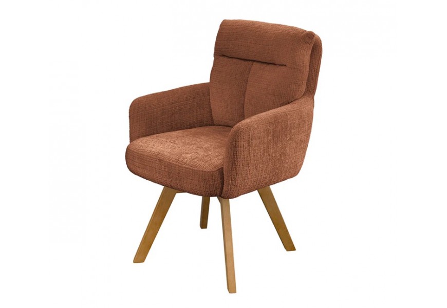 Dizajnové škandinávske hnedé jedálenské kreslo Dover s opierkami na ruky a čalúnením s poťahom zo ženilkovej textílie s masívnymi nožičkami z bukového dreva s otočným mechanizmom sedadla