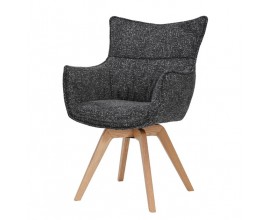 Moderné škandinávske otočné jedálenské kreslo Krespa s čalúnením v antracitovej sivej farbe s melírovaným vzorom so šikmými nohami z dubového dreva v naturálnej svetlej hnedej farbe