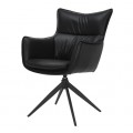 Moderné kožené otočné jedálenské kreslo Krespa s čiernym poťahom z ekokože s vysokou chrbtovou opierkou s predĺženými rohmi a opierkami na ruky s kovovou podstavou so štyrmi ramenami