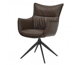 Moderná industriálna jedálenská stolička Krespa s otočným sedadlom a hnedým poťahom z ekokože s čiernou kovovou nohou 60 cm