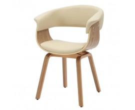 Moderná masívna kožená jedálenská stolička Ecco s čalúneným sedadlom a opierkou s poťahom z ekokože v krémovej béžovej farbe s konštrukciou z dubovej dyhy v svetlej hnedej farbe s kresbou letokruhov so zaobleným sedadlom a štyrmi nohami