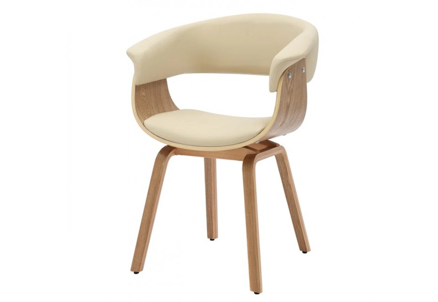 Moderná masívna kožená jedálenská stolička Ecco s čalúneným sedadlom a opierkou s poťahom z ekokože v krémovej béžovej farbe s konštrukciou z dubovej dyhy v svetlej hnedej farbe s kresbou letokruhov so zaobleným sedadlom a štyrmi nohami