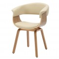 Moderná masívna kožená jedálenská stolička Ecco s čalúneným sedadlom a opierkou s poťahom z ekokože v krémovej béžovej farbe s konštrukciou z dubovej dyhy v svetlej hnedej farbe s kresbou letokruhov so zaobleným sedadlom a štyrmi nohami