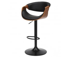Moderná dizajnová otočná výškovo nastaviteľná barová stolička Norwich so sedadlom s rámom z pravej orechovej dyhy v hnedej farbe s čalúnením s čiernou ekokožou s valcovitou nohou s okrúhlou podstavou z kovu v čiernej farbe