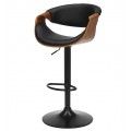 Moderná dizajnová otočná výškovo nastaviteľná barová stolička Norwich so sedadlom s rámom z pravej orechovej dyhy v hnedej farbe s čalúnením s čiernou ekokožou s valcovitou nohou s okrúhlou podstavou z kovu v čiernej farbe