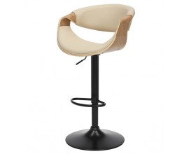 Moderná škandinávska barová stolička Norwich s dreveným rámom z dubovej dyhy v svetlej hnedej farbe s poťahom z ekokože v béžovej farbe s výškovo nastaviteľnou otočnou nohou z kovu v čiernej farbe