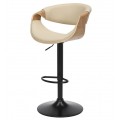 Moderná škandinávska barová stolička Norwich s dreveným rámom z dubovej dyhy v svetlej hnedej farbe s poťahom z ekokože v béžovej farbe s výškovo nastaviteľnou otočnou nohou z kovu v čiernej farbe