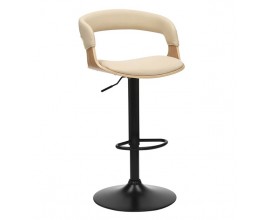 Moderná kožená barová stolička Norwich s čiernou nohou z kovu s možnosťou nastavenia výšky s otočným sedadlom s rámom z dubovej dyhy v naturálnej svetlej hnedej farbe s poťahom z ekokože v krémovej farbe