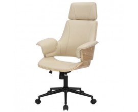 Dizajnové kožené čalúnené kancelárske kreslo Madison s otočnou a výškovo nastaviteľnou nohou na kolieskach z kovu v čiernej farbe s poťahom z ekokože v krémovej farbe s bočnými opierkami a dreveným dubovým rámom na zadnej strane v naturálnej svetlej hnedej farbe