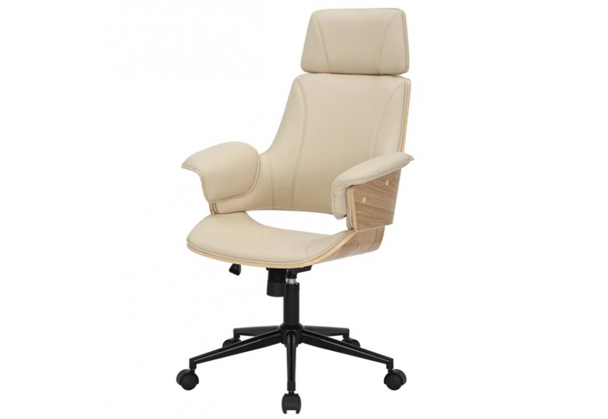 Dizajnové kožené čalúnené kancelárske kreslo Madison s otočnou a výškovo nastaviteľnou nohou na kolieskach z kovu v čiernej farbe s poťahom z ekokože v krémovej farbe s bočnými opierkami a dreveným dubovým rámom na zadnej strane v naturálnej svetlej hnedej farbe