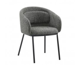 Moderná škandinávska čalúnená jedálenská stolička Tromso so sivým melírovaným textilným poťahom so zaoblenou opierkou s integrovaným vankúšom s tenkými kovovými nohami v čiernej farbe