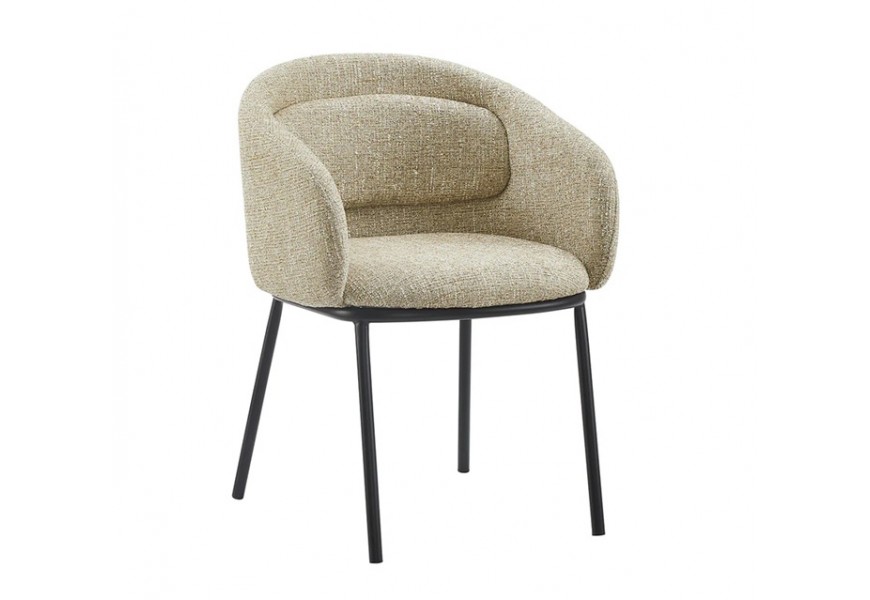 Moderná industriálna jedálenská stolička Tromso s čalúnením a textilným poťahom v béžovej melírovanej farbe s plnou chrbtovou a bočnými opierkami s vankúšom so štyrmi štíhlymi kovovými nožičkami v matnej čiernej farbe