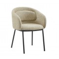 Moderná industriálna jedálenská stolička Tromso s čalúnením a textilným poťahom v béžovej melírovanej farbe s plnou chrbtovou a bočnými opierkami s vankúšom so štyrmi štíhlymi kovovými nožičkami v matnej čiernej farbe
