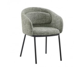 Moderné industriálne jedálenské kreslo Tromso s čiernou kovovou podstavou a čalúneným sedadlom s chrbtovou a bočnými opierkami s vankúšom s textilným poťahom v tmavej zelenej farbe s bielym melírovaním