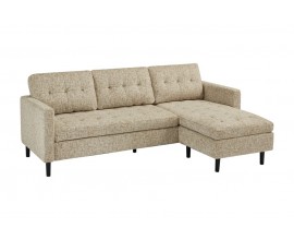 Dizajnová trojmiestna čalúnená rohová sedačka Sallen s textilným poťahom v béžovej farbe s tmavším melírovaním s hlbokým bodovým prešívaním s čiernymi nožičkami do pravého alebo ľavého rohu