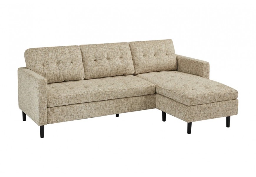 Dizajnová trojmiestna čalúnená rohová sedačka Sallen s textilným poťahom v béžovej farbe s tmavším melírovaním s hlbokým bodovým prešívaním s čiernymi nožičkami do pravého alebo ľavého rohu