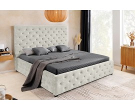 Moderná chesterfield manželská posteľ Kreon s úložným priestorom a zamatovým poťahom v šampanskom béžovom odtieni 200 cm