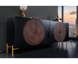 Orientálny masívny príborník Mandala z mangového dreva s ornamentálnym vyrezávaním a zlatými nožičkami