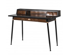 Dizajnový vintage písací stôl Bloomington z kovu v čiernej farbe s tromi hnedými zásuvkami a nadstavbou s policou s detailmi v lesklej zlatej farbe