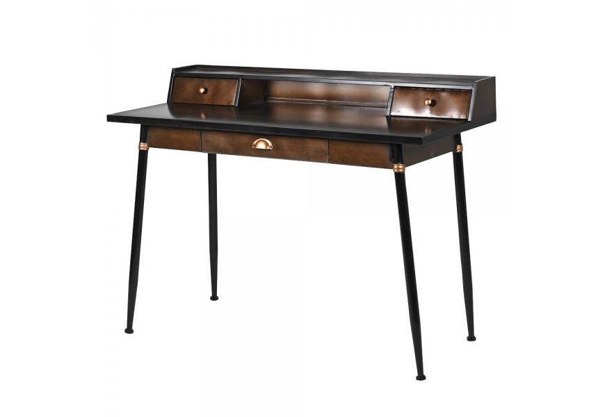 Dizajnový vintage písací stôl Bloomington z kovu v čiernej farbe s tromi hnedými zásuvkami a nadstavbou s policou s detailmi v lesklej zlatej farbe