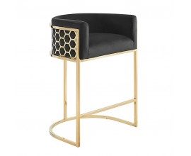 Art deco barová stolička Ariande so zamatovým čiernym poťahom a zlatou kovovou konštrukciou 88 cm