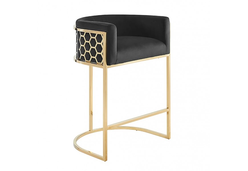 Glamour barová stolička Ariande s čalúnením a zamatovým poťahom v čiernej farbe s oblúkovou zlatou konštrukciou a vzorom medených plátov