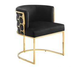 Art deco kreslo Leara so zamatovým poťahom v čiernej farbe s konštrukciou v zlatej farbe s lesklým zlatým povrchom so vzorom medového plátu