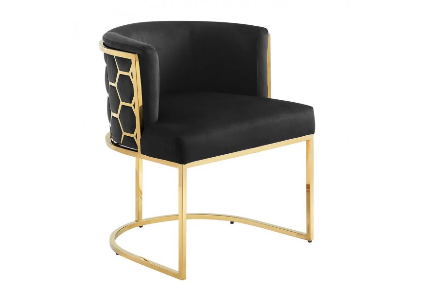 Art deco kreslo Leara so zamatovým poťahom v čiernej farbe s konštrukciou v zlatej farbe s lesklým zlatým povrchom s medovým vzorom