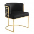 Art deco kreslo Leara so zamatovým poťahom v čiernej farbe s konštrukciou v zlatej farbe s lesklým zlatým povrchom s medovým vzorom