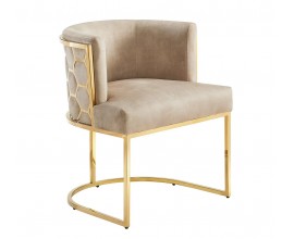 Art deco jedálenská stolička Leara s béžovým zamatovým poťahom a zlatou kovovou konštrukciou so vzorom medového plátu 75 cm