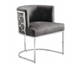 Glamour kreslo Leara v sivej farbe so zamatovým poťahom s konštrukciou z kovu v striebornej farbe s medovým vzorom