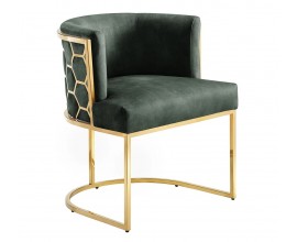 Dizajnová glamour čalúnená jedálenská stolička Leara s poťahom zo zamatu v tmavej zelenej farbe s konštrukciou z kovu v lesklej zlatej farbe so vzorom šesťuholníkov s opierkou v tvare U