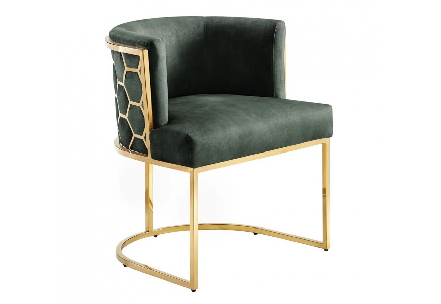 Dizajnová glamour čalúnená jedálenská stolička Leara s poťahom zo zamatu v tmavej zelenej farbe s konštrukciou z kovu v lesklej zlatej farbe so vzorom šesťuholníkov s opierkou v tvare U
