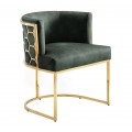 Dizajnová glamour čalúnená jedálenská stolička Leara s poťahom zo zamatu v tmavej zelenej farbe s konštrukciou z kovu v lesklej zlatej farbe so vzorom šesťuholníkov s opierkou v tvare U