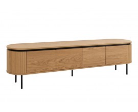 Dizajnový art deco oválny televízny stolík Maderia so štyrmi hladkými dvierkami a drážkovaným reliéfom zo svetlej hnedej dubovej dyhy s čiernymi kovovými nohami