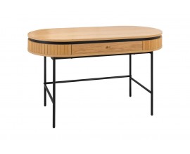 Moderný art deco písací stôl Maderia z dubovej dyhy v svetlej hnedej farbe s čiernymi detailmi s jednou zásuvkou s oválnou vrchnou doskou a štíhlymi nožičkami z kovu v matnom čiernom prevedení