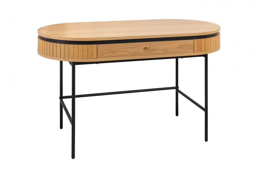 Moderný art deco písací stôl Maderia z dubovej dyhy v svetlej hnedej farbe s čiernymi detailmi s jednou zásuvkou s oválnou vrchnou doskou a štíhlymi nožičkami z kovu v matnom čiernom prevedení