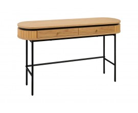 Moderný art deco oválny konzolový stolík Maderia s dvomi zásuvkami z orechovej dyhy v svetlej hnedej farbe so štíhlou podstavou z kovu v matnej čiernej farbe