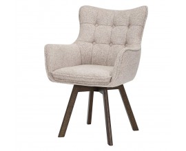 Moderná dizajnová otočná jedálenská stolička Herold v béžovej farbe s čalúnenou chrbtovou s prešívaním s okrúhlymi gombíkmi opierkou s opierkami na ruky s nožičkami z dubového dreva v tmavej hnedej farbe