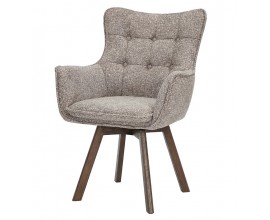 Moderná dizajnová otočná jedálenská stolička Herold typu ušiak potiahnuté v sivej melírovanej textílii s opierkami na ruky s hranatými nožičkami z dubového dreva v tmavo hnedej farbe